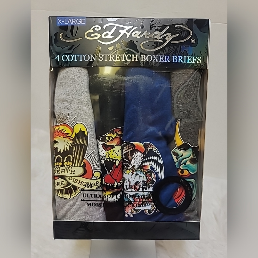 ED HARDY Men's Size S to XL 40 - 42 4 Pack Cotton Stretch Boxer Briefs BNWT